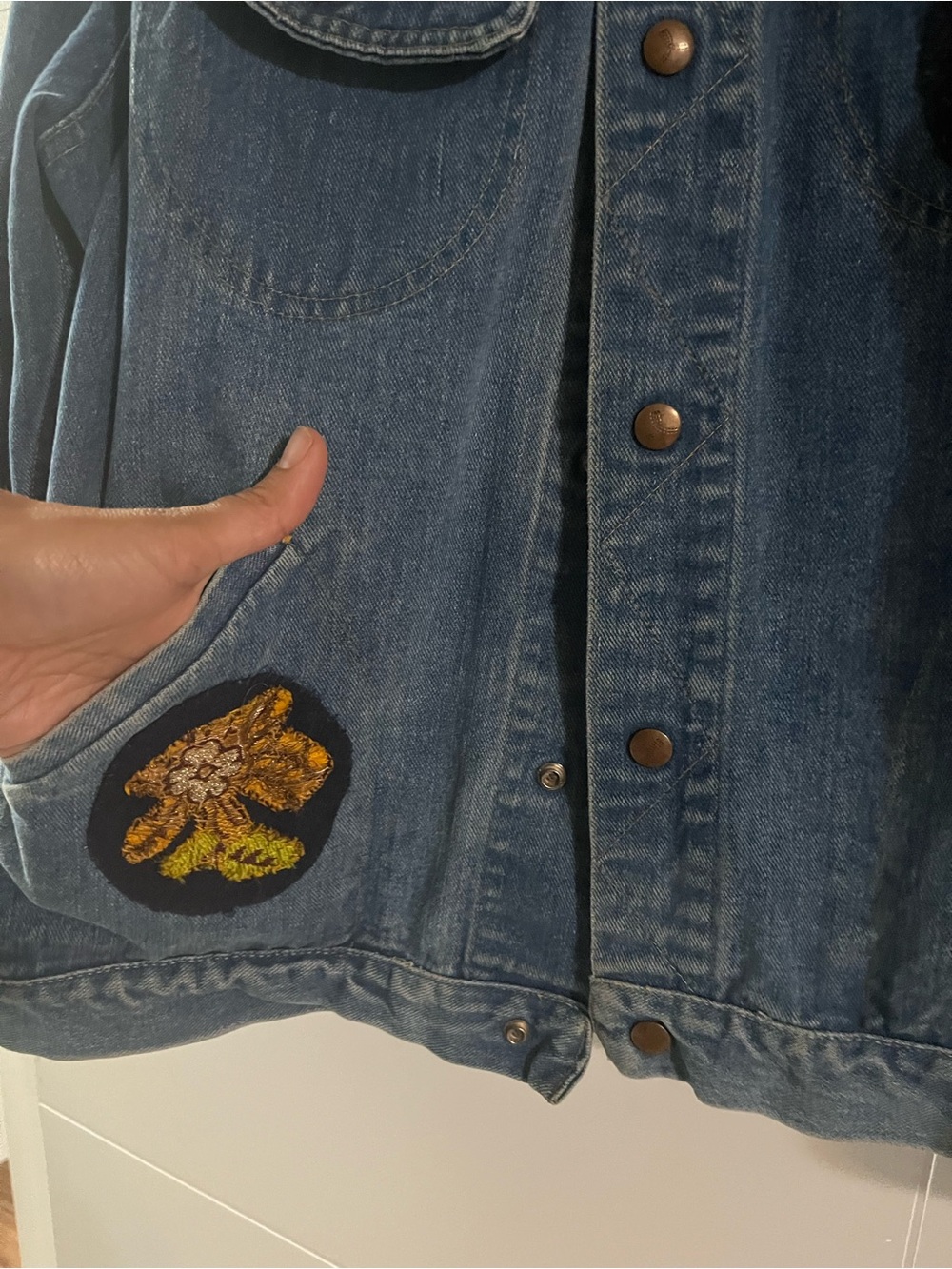 Upcycled Vintage Denim Jacket with Embroidered Patchwork - Blue - Picture 7 of 11
